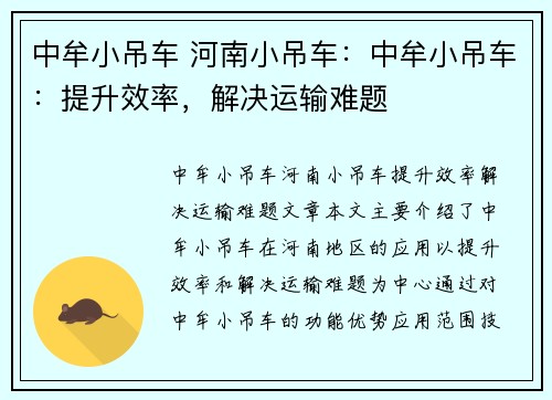 中牟小吊车 河南小吊车：中牟小吊车：提升效率，解决运输难题