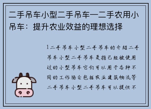 二手吊车小型二手吊车—二手农用小吊车：提升农业效益的理想选择